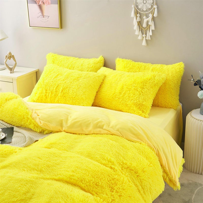 MorroMorn 5 PCS Shaggy Duvet Cover Bedding Set - Fluffy Comforter Cover Long Faux Fur Luxury Ultra Soft Cozy (Yellow, Full/Queen) - Image 3